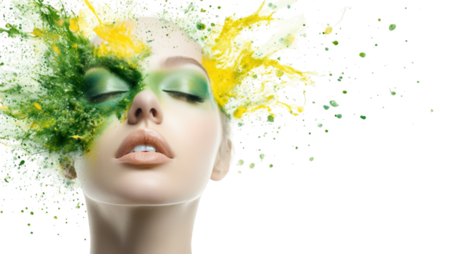 Captivating portrait of a woman with striking green face paint, study in color and expression
