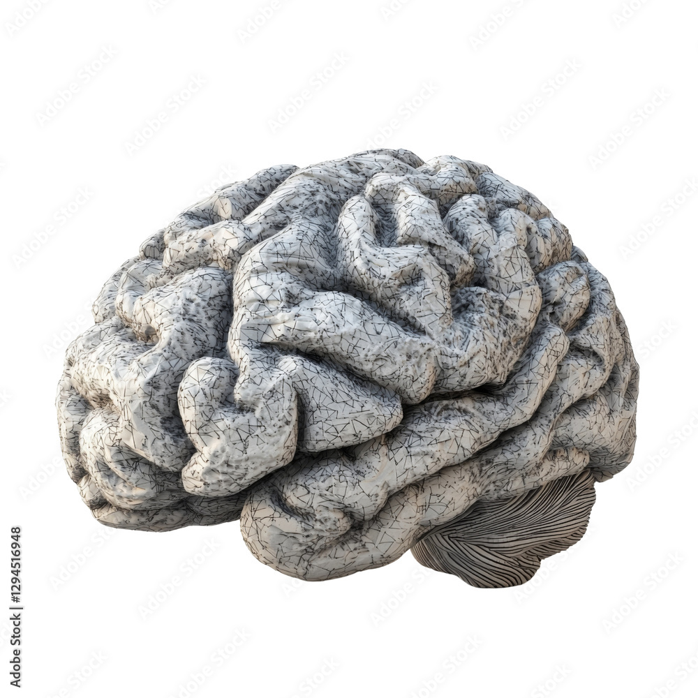 Poster detailed 3D rendering of human brain showcasing intricate textures and folds, symbolizing intelligence and cognition. This artistic representation highlights complexity of human mind