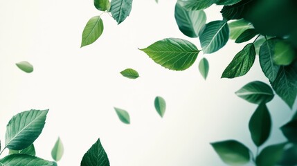 Green leaves hover on a clear backdrop.