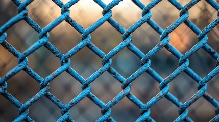Fototapeta premium Blue chain-link fence, sunset bokeh background, texture, security