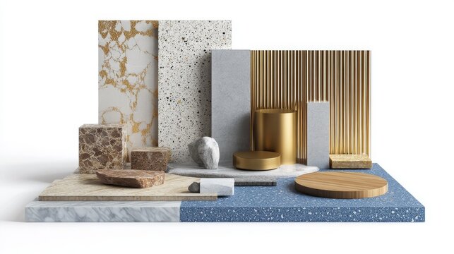 Interior design board with samples of materials. Includes panels, tiles, terrazzo, quartz, stone tiles, blue laminate, wooden flooring, and gold stainless steel.