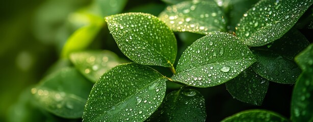 Fototapeta premium Dew Drops on Lush Green Leaves - Nature's Serenity