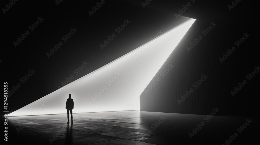 Leinwandbilder lone figure stands in minimalist, dimly lit space, illuminated by dramatic triangular beam of light.