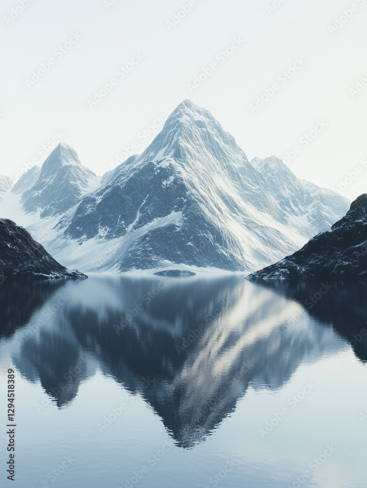 Poster serene mountain scene with snow capped peaks reflected in calm lake, creating tranquil and picturesq