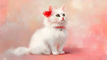 Adorable White Cat with Pink Ribbon and Green Eyes Against Soft Background