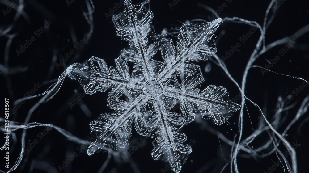 Poster detailed macro shot of snowflake reveals its intricate and delicate crystalline structure against da