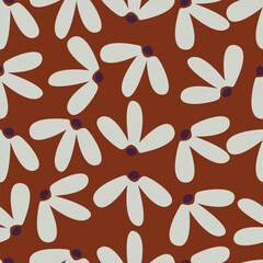 seamless vector repeat pattern, with abstract modern flower elements arranged in clusters with polka dots on a dark navy background