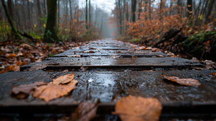 Pathway to Tranquility: A low-angle view of a wooden pathway, leading into a misty forest, inviting exploration and evoking a sense of solitude. The path is wet with rain, adorned with fallen leaves.