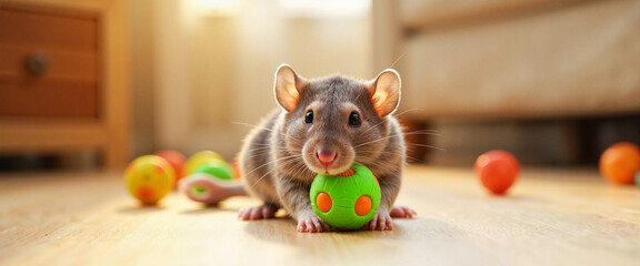 Cute rat playing with vibrant ball in cozy home, playful companionship