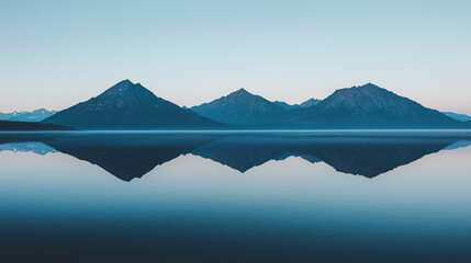 serene lake reflects majestic mountain range under clear blue sky, creating symmetrical and tranquil landscape. calm water enhances peaceful atmosphere of scene