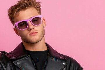 A stylish man in purple sunglasses and leather jacket exudes confidence in a high-fashion lighting setup, striking a pose that commands attention.