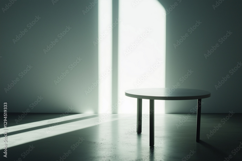 Poster minimalistic room with single round table, clean textures, and soft lighting creating serene atmosph