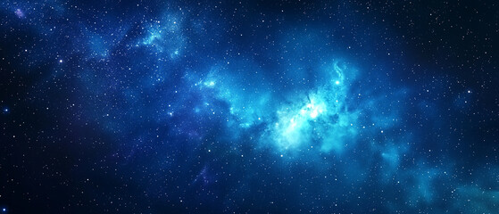 Naklejka premium serene night sky with Milky Way galaxy glowing brightly, surrounded by countless stars in deep blue cosmic expanse