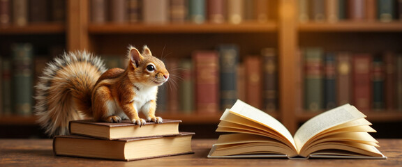 Curious squirrel perched on books in a cozy library, literary charm