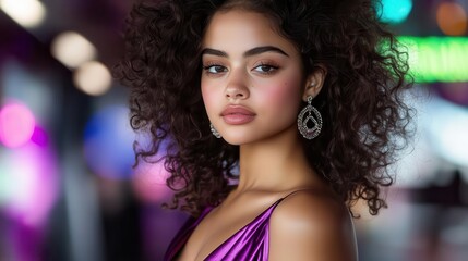 Elegant woman in a deep purple satin dress, standing under neon city lights, confident pose with dramatic shadows.