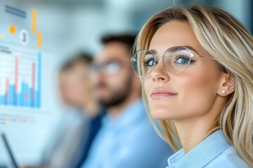 Fototapeta premium Young professional woman with glasses participates in a business strategy meeting in a modern office setting