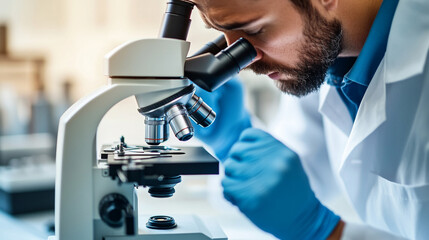 A scientist examining a sample under a microscope represents discovery and technological progress.