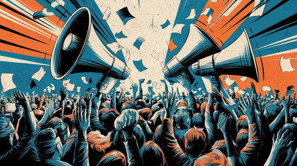 Dynamic conceptual illustration of a crowd with megaphones and flying papers, representing communication, influence, and mass movement in a vibrant, energetic setting