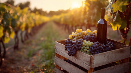 Vineyard with grapes and wine bottle at sunset, Easter and Palm Sunday