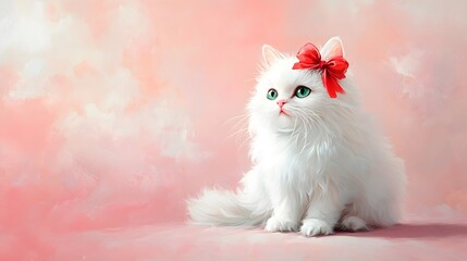 Adorable fluffy white cat with a red bow on a pastel background