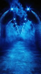 Obraz premium Mysterious blue-lit tunnel shrouded in fog with stone walls and glowing lights