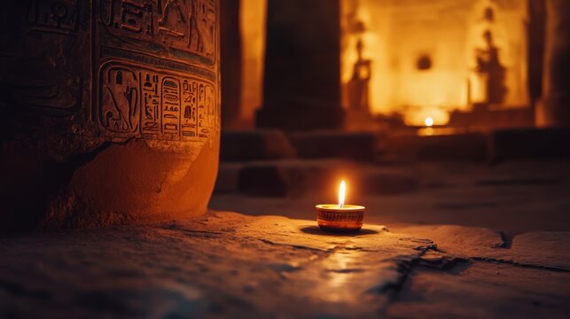 A single candle flickers on ancient stone, illuminating hieroglyphs and casting a warm glow in a solemn and mysterious atmosphere of the temple.