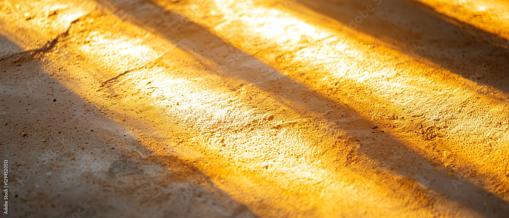 Poster golden hour light casting long shadows on textured sand background, creating warm and serene atmosph