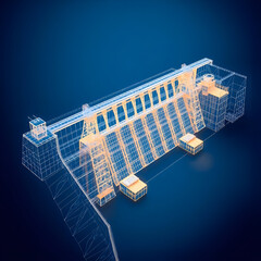 Hydroelectric dam power station for Hydro energy electricity infrastructure Industrial Engineering 3D wireframe graphic