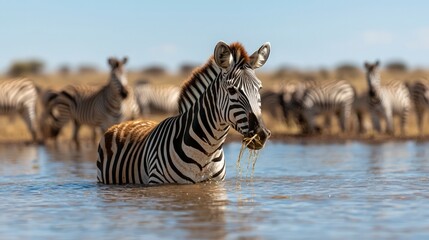 Majestic Zebras in African Watering Hole Sunset