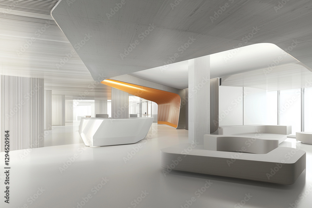 Poster minimalist co working space with geometric design and modern furniture. bright, open area features s