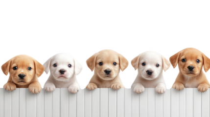 Five adorable puppies gaze over white fence, a captivating glimpse of canine curiosity and playfulness