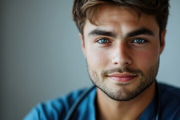 Fototapeta premium Portrait of a young, handsome male nurse with blue eyes, conveying confidence and compassion.