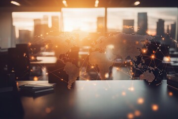 Fototapeta premium An abstract digital world map overlays an office background with desks and chairs, symbolizing global business connectivity and corporate solitude in the work environment Generative AI