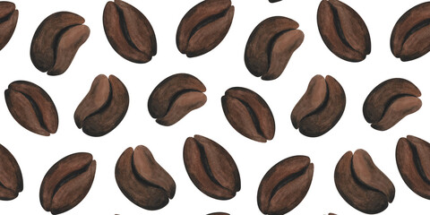 Watercolor coffee beans seamless pattern For menu, cafe design, coffee wrapping paper, logo Aromatic beans print Hand drawn minimalistic background