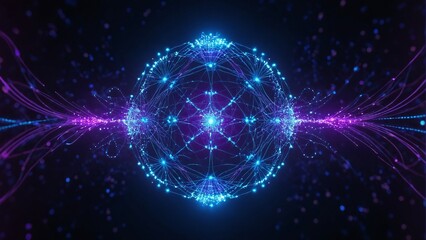 Neon Abstract 3D Render of Quantum Circuit with Entangled Particles on Futuristic Background