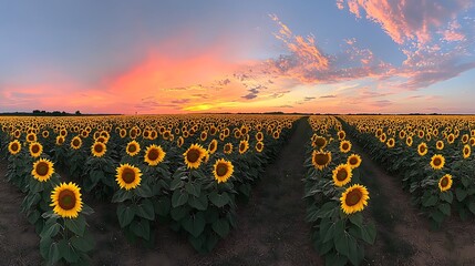 Fototapeta premium A panoramic view of a sunflower field at sunrise, with vibrant yellow flowers