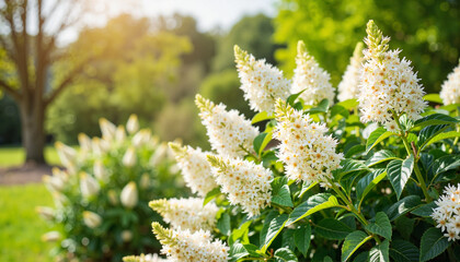Elderberry bush blooming in sunny garden, nature's beauty