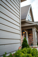 Fototapeta premium Modern House Exterior with Grey Wood Siding and Brick Accents. High-quality image showcasing beautiful home design and architecture details.
