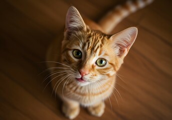Ginger Tabby Cat Looking Up with Curious Expression on Wooden Floor.