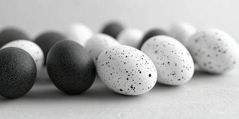 Various speckled black and white eggs arranged on a light surface creating a minimalist aesthetic in a calming environment