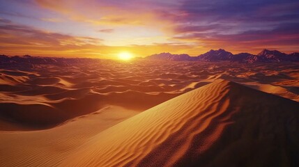 Vast desert with sand dunes at sunset