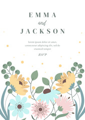 Spring or Summer Season Floral Card with Cute Hand Drawn Flowers. Modern Wedding Typography. Modern Background for Greeting Card, Invitation, Wedding, Mothers Womans Day, 8 March, Birthday, Template.