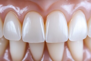 Close-up of gleaming, perfectly aligned, healthy-looking teeth, showcasing excellent dental hygiene.