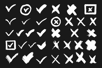 Check mark and cross mark brush strokes icon set. paint tick sign collection.