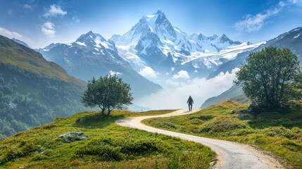 Obraz premium Hiking Mountain Road Solo Traveler Majestic Peaks Scenic Landscape