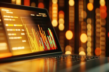 Data analytics on laptop screen with vibrant visualizations in a modern workspace setting at night