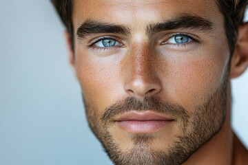 Obraz premium Close-up portrait of a handsome man with captivating blue eyes and a well-groomed beard.