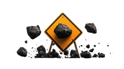 Yellow caution sign, falling rock hazard warning for road safety and geological awareness