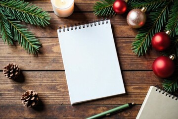 Obraz premium A Blank Spiral Notebook Ready for Holiday Wishes on Rustic Wood with Festive Ornaments and Pine Branches