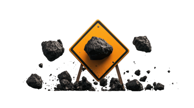 Yellow caution sign, falling rock hazard warning for road safety and geological awareness
